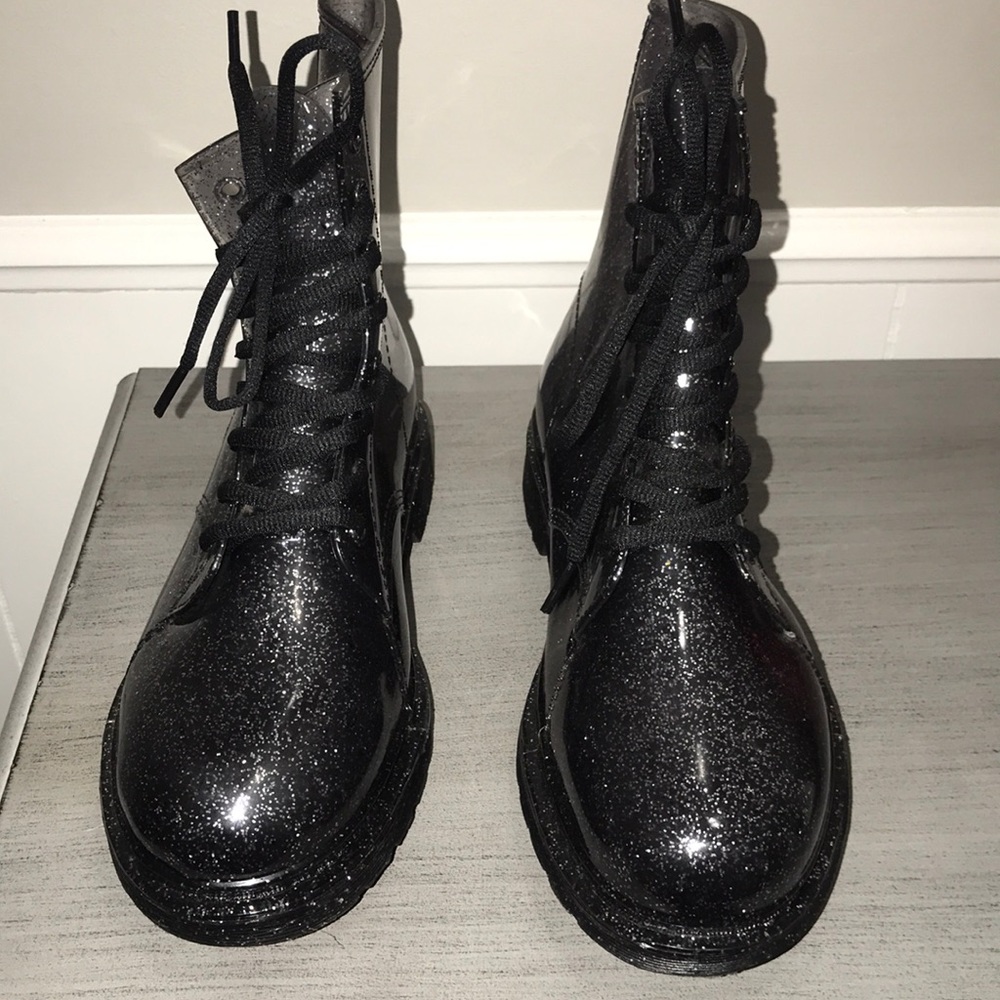 Black Jelly Rain boots with silver glitter/laced - Picture 1 of 4